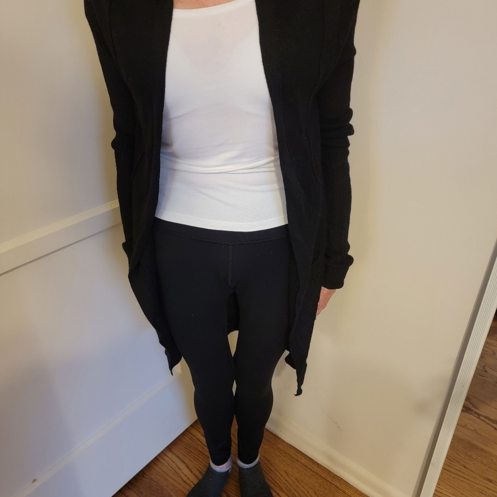 Hooded knee length light duster sweater with hood
